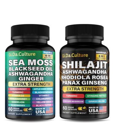 Shilajit and Sea Moss Combo - Sea Moss and Shilajit Bundle with Ashwagandha Black Seed Turmeric Bladderwrack Burdock Black Pepper with Vitamins and Antioxidants - 120 Veggie Capsules 60 Count (Pack of 2)