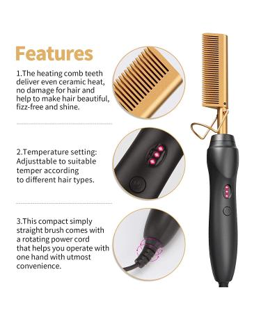 Ceramic Electric Hot Comb Hair Straightener - 3-in-1 Curling Iron for Natural Black Hair, Beard, Wigs - Holiday Gift - Gold - Buy Online on GoSupps.com