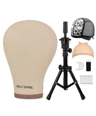 MILLYSHINE 22Inch Wig Head,Wig Stand Tripod With Mannequin Head,Wig Head Stand With Canvas Head For Wig Making Set,Stying Display Wig Block Head,With Table Clamp 22 inch (Pack of 1)