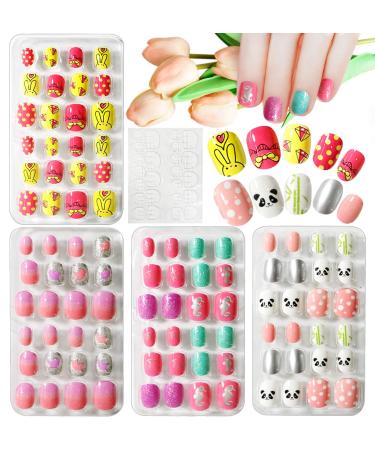 Kalolary 4 Boxes Children's Fingernails Panda Bunny Pattern Children's Artificial Nails Press on Nails Short Full Cover False Nail Set with 1 Piece Nail Glue Sticker Artificial Nail Tips Gift for Girls - D - Buy Online on GoSupps.com