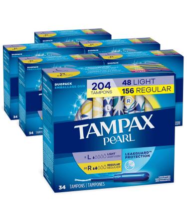 Tampax Pearl Tampons, Light/Regular Absorbency with Leakguard Braid, Unscented, 34 Count, Pack of 6 Duopack (Light/Regular)