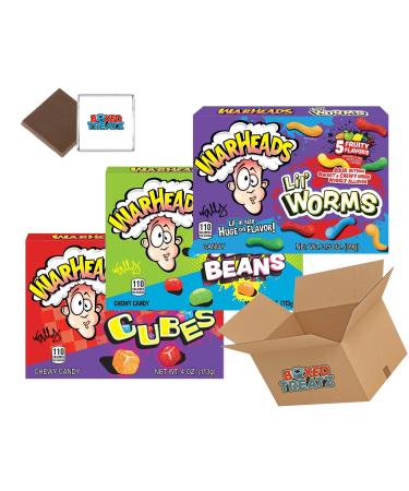 Warheads Bundle: Cubes 113g + Jelly Beans 113g + Lil Worms 99g Packs Of 3 Boxed Treatz (Cubes+Jelly Beans+Lil Worms 1Pc Each)