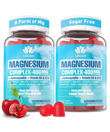 Magnesium Complex Gummies for Women Men 400mg, 8 Forms of Magnesium Glycinate, Citrate, Malate - Sugar Free Calm Magnesium Gummies Supplement with Magnesium Ashwagandha, D3, B12 for Relax,Vegan,120Cts 60 Count (Pack of 2)