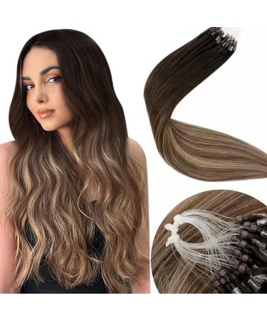 Laavoo 60cm microring real hair extensions ombre brown extensions real hair micro loop 1g/s darkest brown balayage medium brown ashblond real hair extensions with microring smooth 50g/50s #2/6/18 60 cm 3.14micro #2/6/18