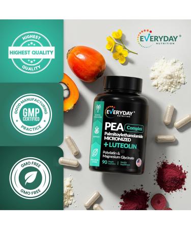 EVERYDAY NUTRITION Palmitoylethanolamide Pea Micronized + Luteolin | Polydatin | Magnesium Glycinate | Pain Relief | Inflammation Reduction & Nervous System* | High Absorption Non-GMO 90 Capsules - Buy Online on GoSupps.com