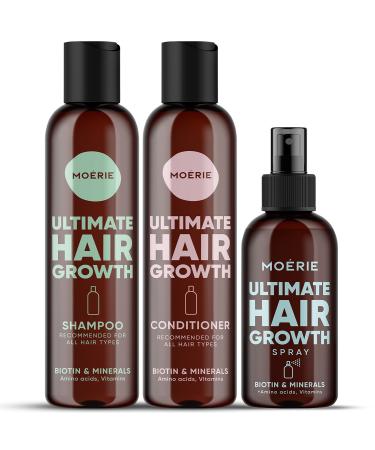 Moerie Mineral Shampoo and Conditioner Plus Hair Growth Spray Set Ultimate Hair Care Pack For Longer Thicker Fuller Hair - Volumizing Hair Care Products Paraben & Silicone Free - 3 Products