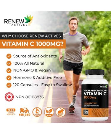 RENEW ACTIVES Maximum Strength Vitamin C 1000MG per Serving Antioxidant & Immune Booster for Overall Health, Bones, Teeth & Gums Non-GMO, Sugar-Free, 4-Month Supply Made in Canada 120 Capsules - Buy Online on GoSupps.com