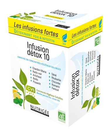 NUTRIG E - Detox Infusion 10 Organic - Liver & Gut - Black Radish Dandelion Milk Thistle Boldo Artichoke Fennel Chicory Rosemary Sene Rhubarb - Soluble Plant Concentrates - 30 Sachets