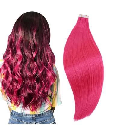 RUNATURE Pink Tape in Hair Extensions Human Hair Color Hot Pink Tape in Remy Hair 20 Inch Hair Extensions Tape in Colorful Hair Extensions for Kids 25g 10pcs 20 Inch 1.1 Tape Hot Pink