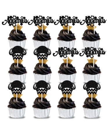 12Pcs Aquarius Cupcake Topper Big Aquarius Energy/Capricorn Season 12 Constellation January/Febuary Birthday Cupcake Decoration Horoscope Astrology Birthday Party Supplies Black Glitter
