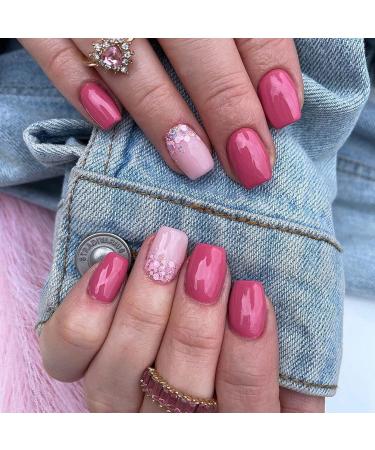 24Pcs Square Press on Nails Short Fake Nails Pink Glossy Glue on Nails Full Cover Acrylic Nails With Glitter Design False Nails Nude Pink Stick on Nails for Women and Girls short nails04