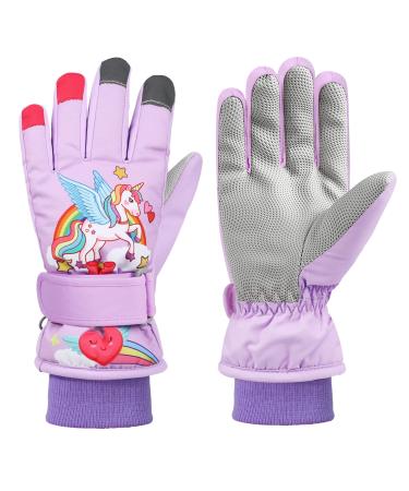 QKURT children's skiing gloves thick warm winter gloves windproof snow-feds children's inhorn skiing gloves gloves for cold weather for 2 13 years S violet