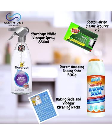 Multi Purpose Cleaning Bundle With Stardrops White Vinegar 850ml Duzzit Baking Soda For Cleaning 500g 2x Scotchbrite Sponge Scourer and Oven General & Carpet Cleaning Tips - Buy Online on GoSupps.com