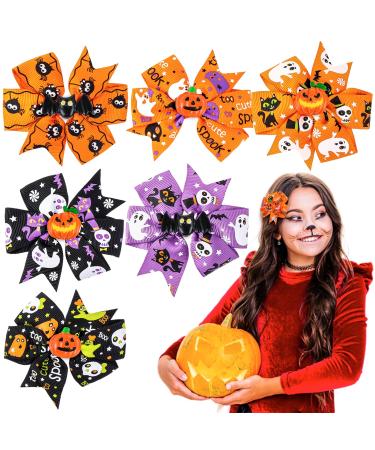 Sibba 6 Pieces Halloween Christmas Bow Hair Pins Halloween Hair Bows Clip Pumpkin Bat Pattern Boutique Clip Halloween Barrette Accessories for Girls Halloween 1