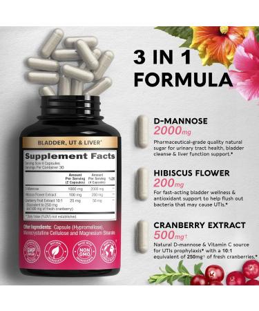 D-Mannose 2000mg Capsules | 3-in-1 Urinary Tract Health Supplement | Vegan Bladder & Digestive Support with Cranberry & Hibiscus | Made in USA | 120 Pills for Men & Women - Buy Online on GoSupps.com