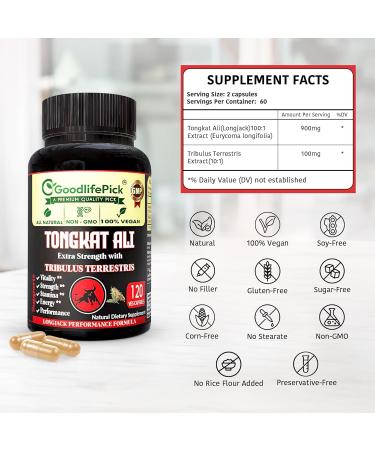 Extra Strength Tongkat Ali with Tribulus Terrestris. Powerful (100:1) Longjack/Tongkat Ali Extract. 120 Veg Capsules Tongkat Ali for Men.All Natural Non-GMO Vegan No Stearate No Rice Powder - Buy Online on GoSupps.com