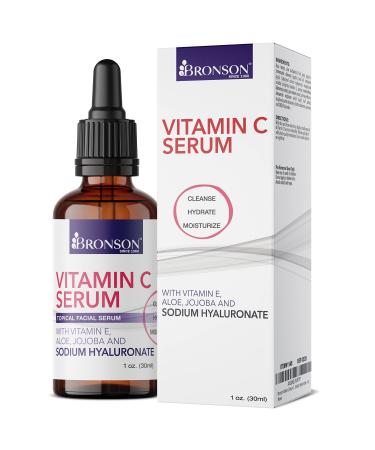 Bronson Vitamin C Serum for Face Anti Aging Facial Serum with Premium Hyaluronic Acid Vitamin E Aloe & Jojoba Hydrating & Brightening Serum for Dark Spots Fine Lines and Wrinkles 1 oz. 1 Fl Oz (Pack of 1)