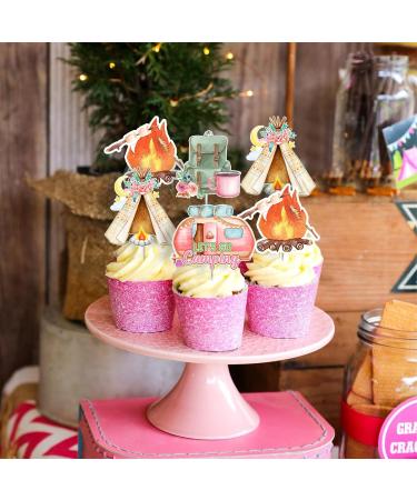 Jollyboom Girl Camping Party Decorations Happy Camper Cupcake Toppers Pink Double-sided Printing Adventure Cake Topper for Girls Camping Themed Birthday Decorations Baby Shower Party - Buy Online on GoSupps.com