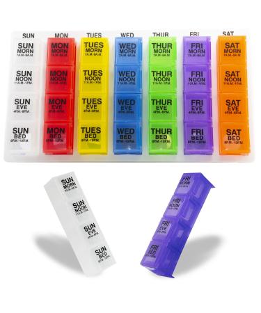 GMS 4 Times a Day Weekly Pill Reminder for Medications Vitamins Supplements and Other Pills - Includes 7 Removable Pill Boxes in a Flat White Tray (Rainbow)