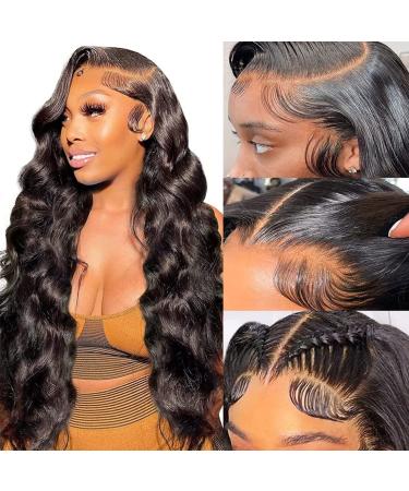 vroosar 28 Inch Body Wave Lace Front Wigs Human Hair 180 Density 13x4 HD Transparent Lace Frontal Wigs for Women Glueless Wigs Human Hair Pre Plucked with Baby Hair Natural Hairline