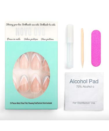 Novo Ovo Oval Almond Press-On Nails | Silver Glitter French Tip | Short/Medium Length Artificial Fingernails with Glue - Buy Online on GoSupps.com