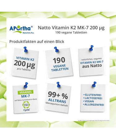 Aportha Vitamin K2 MK7 200 g - High-Dose Vegan 190 Tablets | All-Trans NATTO Supplement - Easy to Swallow - Best Vit K2 Alternative - Buy Online on GoSupps.com