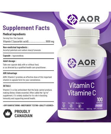 AOR - Vitamin C 1000mg 100 Capsules - Essential Ascorbic Acid Supplement - Promotes Overall Wellness - Supports Bones Gums & Teeth - Non-GMO Vegan - Ideal for Daily Health Maintenance - Buy Online on GoSupps.com