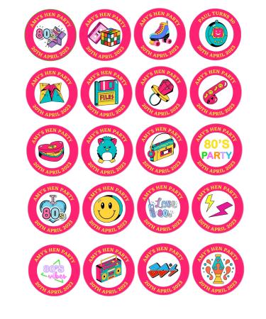 edible 20 x 80s theme Personalised cupcake toppers UNCUT BIRTHDAY/HEN PARTY/ETC (icing paper)
