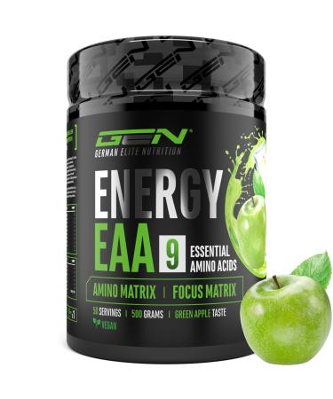 EAA Energy Mix - 500 g - Amino Matrix + Focus Matrix - Sugar Free Energy Drinks - With Caffeine Taurine Guarana N-Acetyl-L-Tyrosine - Pre Workout Booster - Vegan (Green Apple)