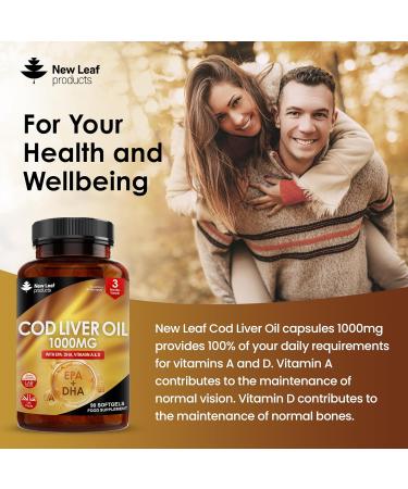 High Strength Cod Liver Oil Capsules 1000mg - 90 Softgels with Omega 3 EPA DHA, Vitamins A & D - UK Made by New Leaf - Buy Online on GoSupps.com