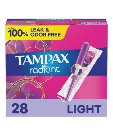 Tampax Radiant Tampons Light Absorbency with BPA-Free Plastic Applicator and LeakGuard Braid, Unscented, 28 Count - Buy Online on GoSupps.com