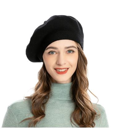 ZLYC French Beret hat, Reversible Solid Color Cashmere Knit Warm Beret Cap for Womens Girls Black