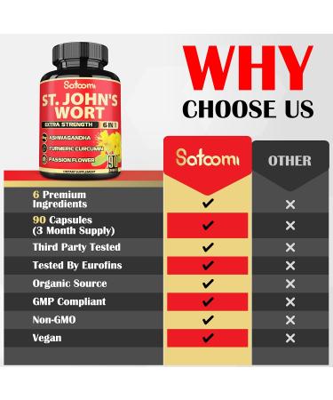 Satoomi St. John's Wort Capsules Extract Supplement - 6 Herbs Equivalent 5050 mg - Emotional Balance, Joyful Mood & Mood Support - 1 Pack 90 Veggie Caps 3-Month Supply - Buy Online on GoSupps.com