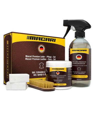 Macari leather care 500ml balm + 500ml cleaner + 2 sponge + leather brush leather leather cleaner set beeswax for leather couch car furniture jacket clothing sofa handbag shoes saddle leather fat 4 -Set
