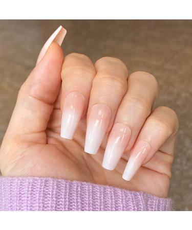 NOVO OVO Long Coffin Ombre Nude Gradient White Pink French Tip Extra Thick Fake False Press On Nails MILK CAP Stick on Ballerina Kit with Glue for Christmas Mother s Valentine's Day Spring MILK CAP COFFIN
