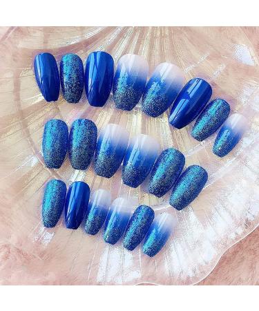 24 Pcs Fake Nails for Women Press on Fake Nails Blue Gradient Fake Nails with Jelly Glue Glitter Artificial False Nails French Oval Fake Nails for Women Girls Daily Decoration - Buy Online on GoSupps.com