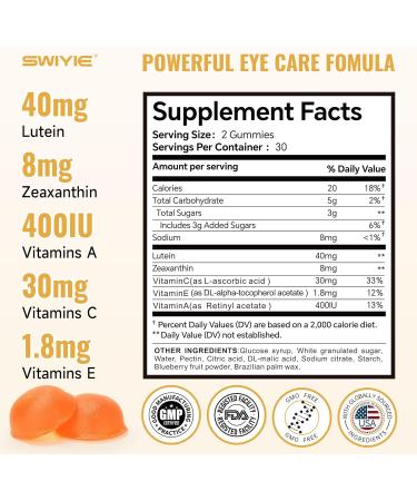 Swiyie Lutein Gummies Eye Vitamin and Mineral Supplement with 20mg Lutein & 4mg Zeaxanthin Gummy Vitamins for Eye Health Support Naturally Flavored 60 Gummies - Buy Online on GoSupps.com
