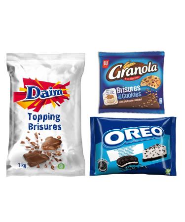 OREO DAIM GRANOLA - Lot de 1 Sachet de Brisures de Biscuits Oreo 400g 1 Sachet de Brisures Daim 1kg et 1 Sachet de Brisures de Cookies Granola 400g - Lot de 1 8 kg