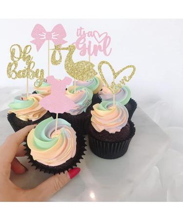 Gyufise 36 Pack It's a Girl Cupcake Toppers with Bow Dress Love Heart, Glitter Cake Picks for Baby Shower & Birthday Party - Pink - Buy Online on GoSupps.com