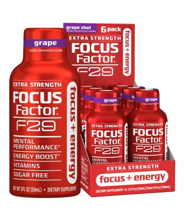 Focus Factor F29 Focus + Energy Shot  Extra Strength, Pack of 6  Grape Flavor  Sugar Free Energy Supplement, 5 Calories Per Shot - Brain Support with Ginkgo Biloba, Bacopa Monnieri, Purple