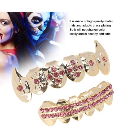Hip Hop Grillz & Copper Teeth Decoration Set - Gold Cold Coated Braces for Upper & Lower Teeth (Pink) | International Shipping Available - Buy Online on GoSupps.com