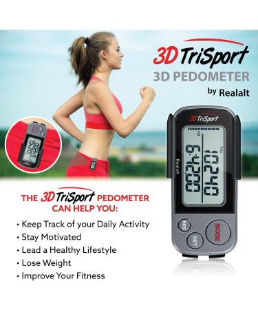 3DTriSport Walking 3D Pedometer with Clip and Strap + Free eBook | Step, Distance, Calorie Counter & More - Grey/Black - Buy Online on GoSupps.com