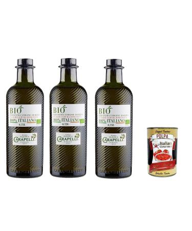 Italian Gourmet E.R. Carapelli Extra Virgin Olive Oil Set of 3 100% Organic Italian Olive Oils 750ml + Italian Gourmet Polpa 400g