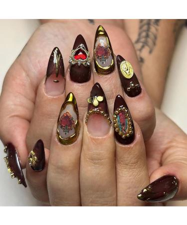 BABALAL Almond Press on Nails Medium Fake Nails Brown Fall Glue on Nails Golden Chrome Baroque Art Acrylic Nails 3d Heart Charm Metallic Ball Design Stiletto Manicure Stick on False Nails FNn01Brown