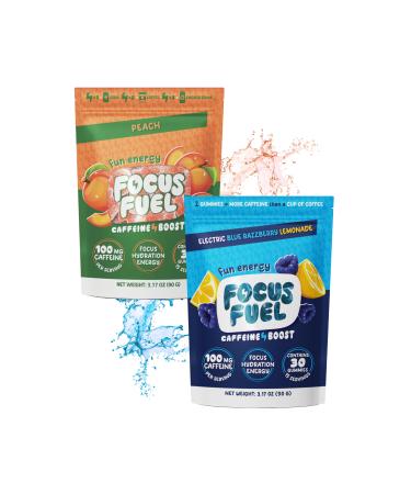 FocusFuel Energy Chews Variety Pack Blue Razzberry Lemonade & Peach (2-Pack 30 Servings Total) 100mg Natural Caffeine + Nootropics Balanced Energy No Crash