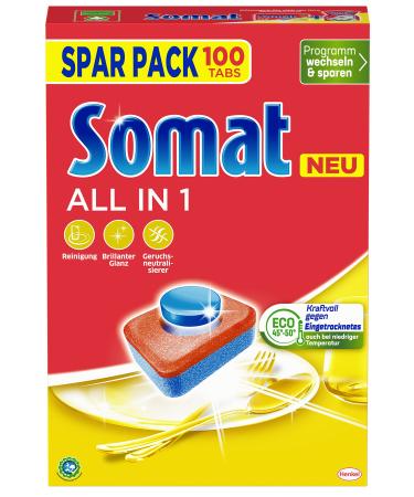 Somat all in 1 dishwashers tabs (100 tabs) dishwasher wash tabs for radiant cleanliness even at low temperatures powerful against dried