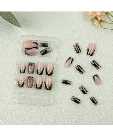 Black Glitter Square Press On Nails with Gold Sequins - Acrylic False Nails for Women - Buy Online on GoSupps.com