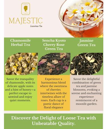 Majestic_ Tea | Majestic Medley| Combo Pack of 6 Premium Leaf Tea - Cherry Rose Jasmine (Green Tea) Orange Spice Lemon Ginger English Breakfast (Black Tea) & Chamomile (Herbal Tea )(35g each) Brews 50 Cups. - Buy Online on GoSupps.com