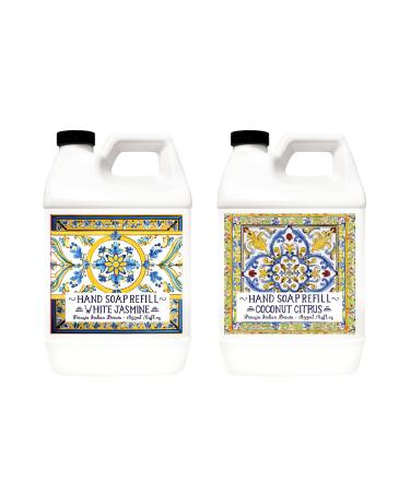 Home & Body Company Perugia Italian Deruta Hand Soap Refill Set White Jasmine and Coconut Citrus Scents 64 Fl Oz Bottles 2-Pack