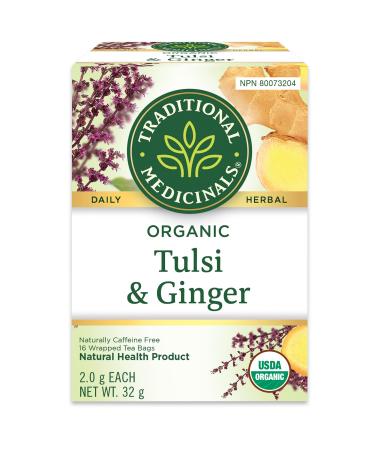 Traditional Medicinals - Organic Tulsi with Ginger Herbal Tea (Pack of 1) - Adaptogen That Helps Increase Energy and Stress Response - 16 Tea Bags Total Tea Tulsi with Ginger 1 Count (Pack of 1)